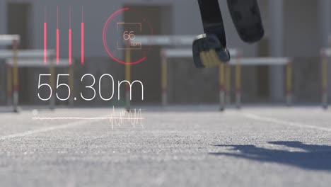 animation of time measuring and disabled athlete with prosthetic legs running on a racing track