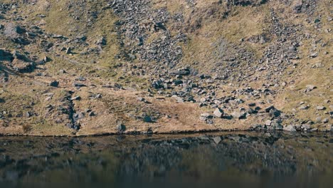 Stationary aerial over still lake with hiker and dog walking along shoreline in Lake District