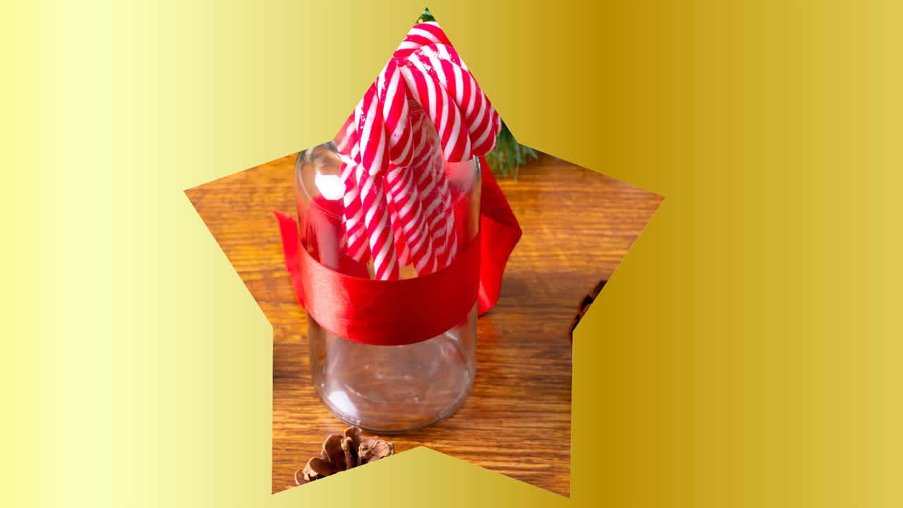 Animation of star shape frame with christmas candies in background