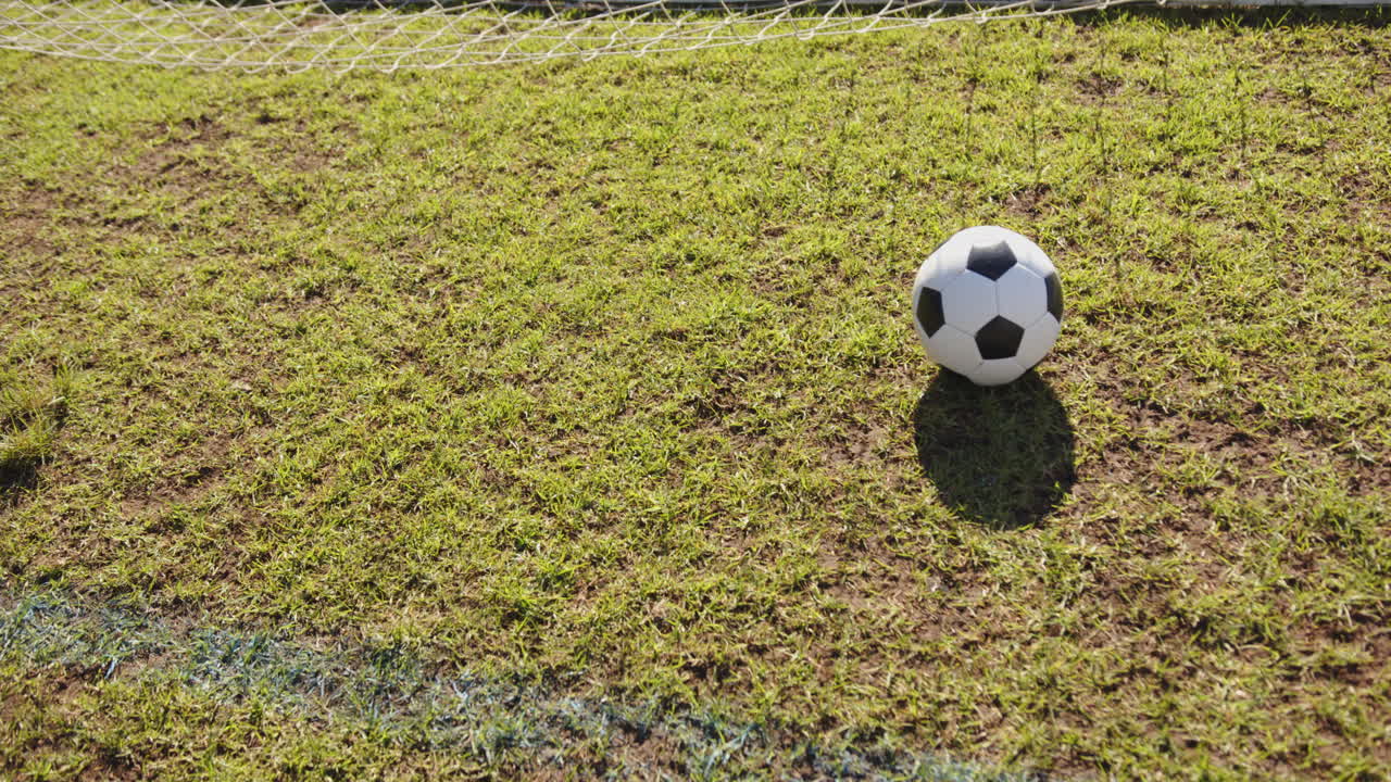 Soccer ball on grass field near goal net in school playground