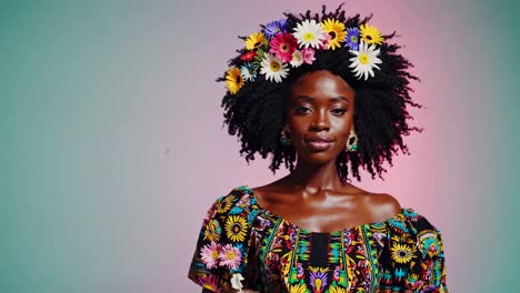 vibrant video still of a woman in floral attire and headdress, shot from a front angle