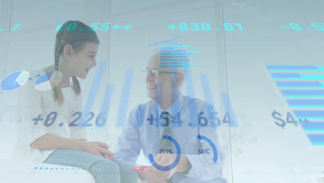 in school, child and older man studying financial data charts with animation