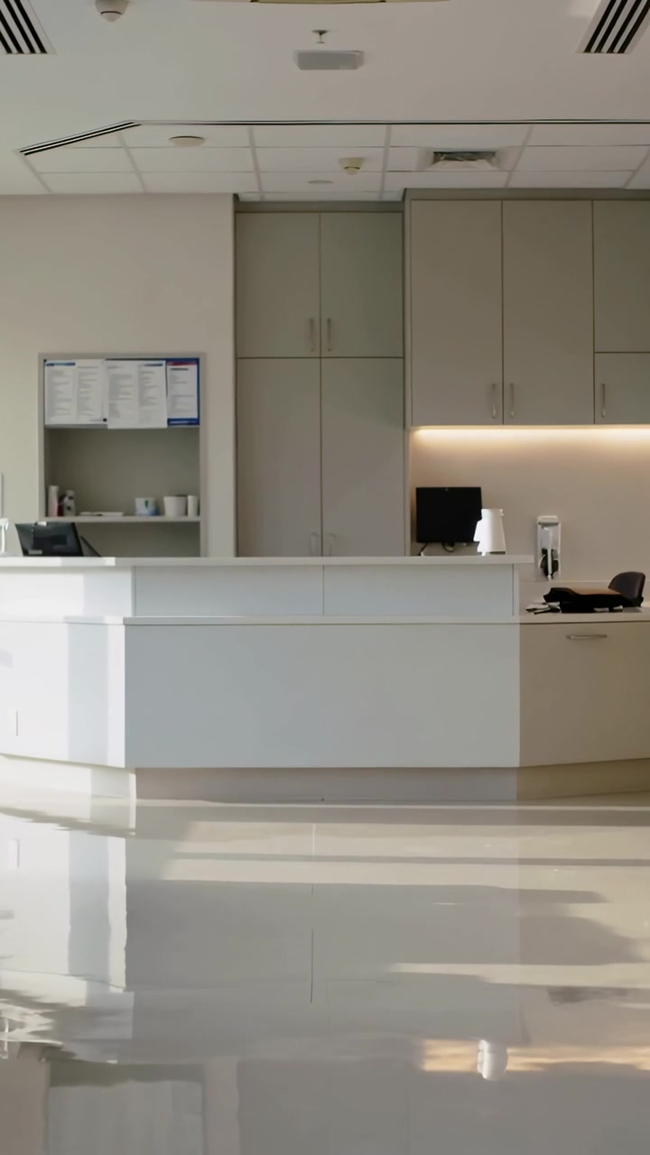 Video verticale: Telecamera che avanza rivelando il banco della reception in clinica e un telefono con monitor