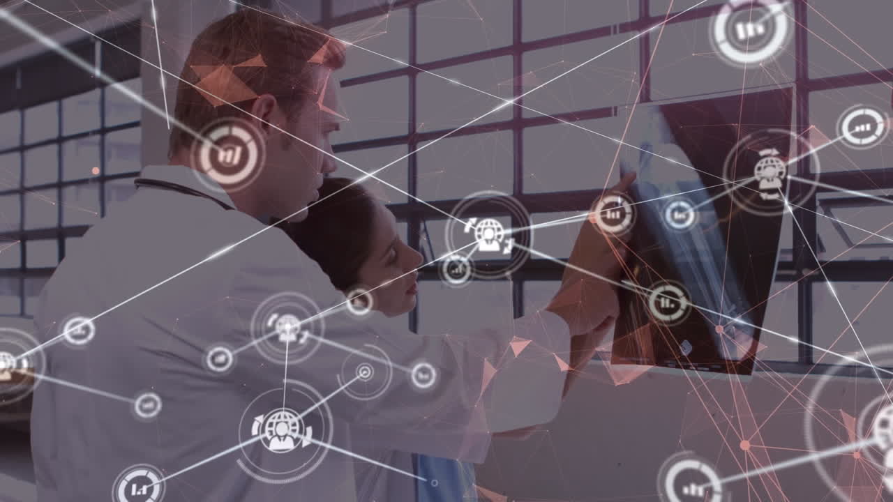 남성과 여성 의사에 대한 아이콘을 가진 연결 네트워크의 애니메이션