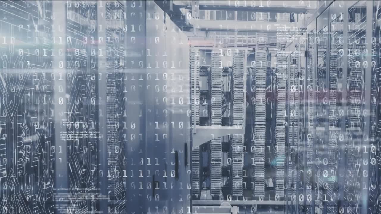Animation of binary coding data processing against computer server room