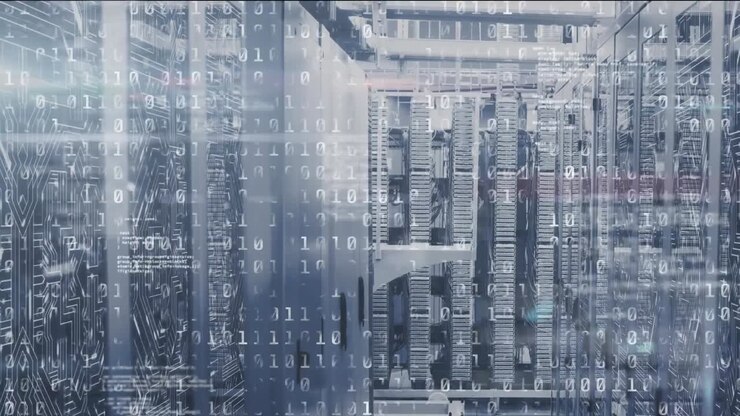 Animation af binær kodning og databehandling mod et computerserverrum