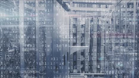 animación del procesamiento de datos de codificación binaria contra la sala de servidores de computadoras