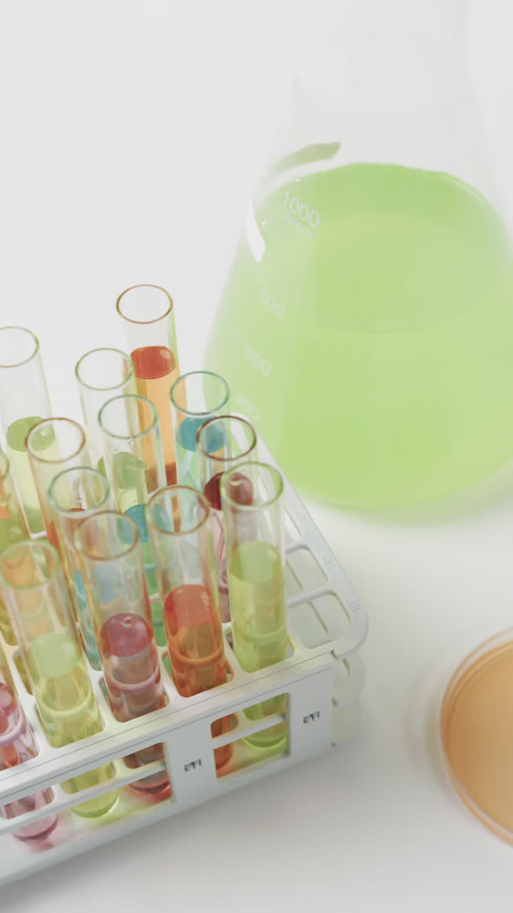 Vertical video of coloured liquid in flask with test tubes in stand on white background