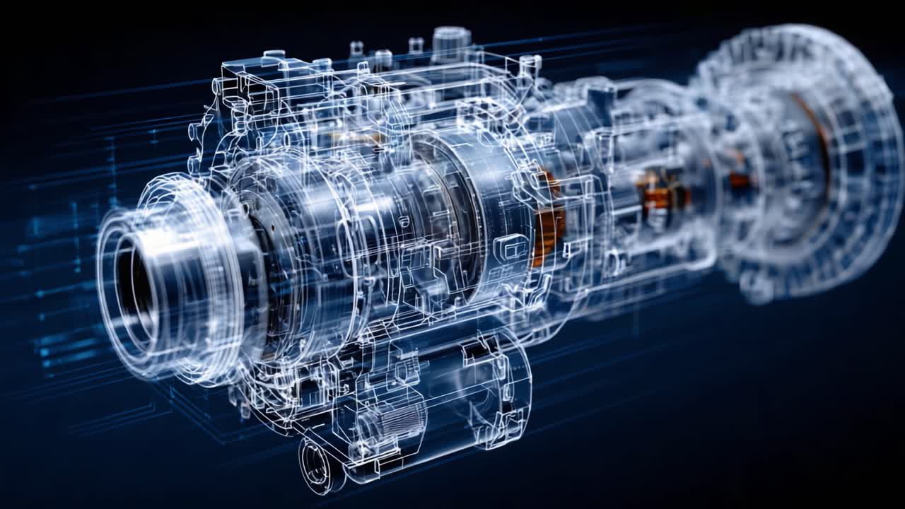 Detailed Visualization of a Modern Engine Component with Transparent Layers, Showcasing Complex Mechanical Structures and Advanced Technology in Motion