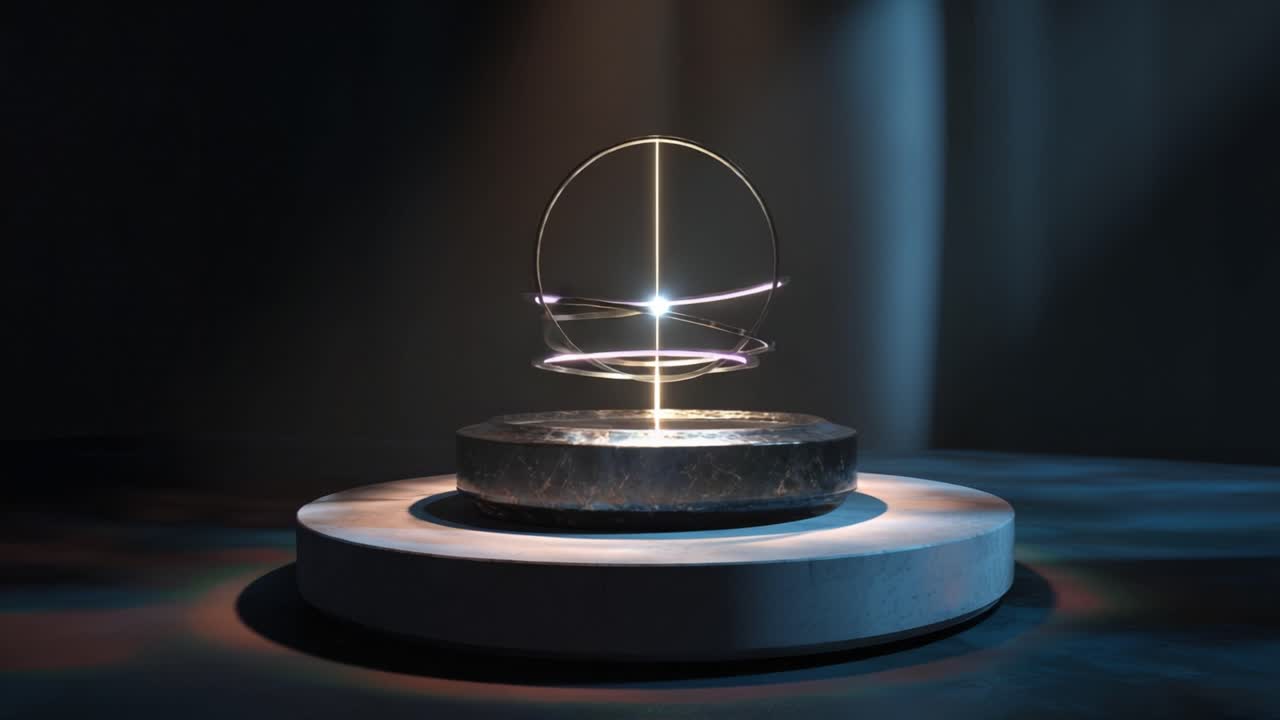 Levitação de um Orbe Luminoso em um Espaço Escurecido, com design minimalista, base circular e realce de luz radiante para um efeito místico.