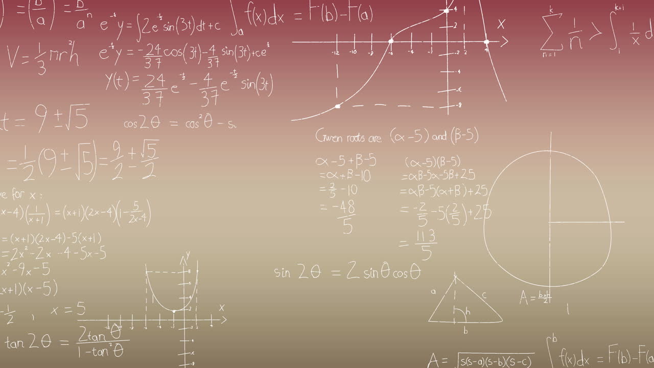 Animation of mathematical equations and diagrams floating against pink gradient background