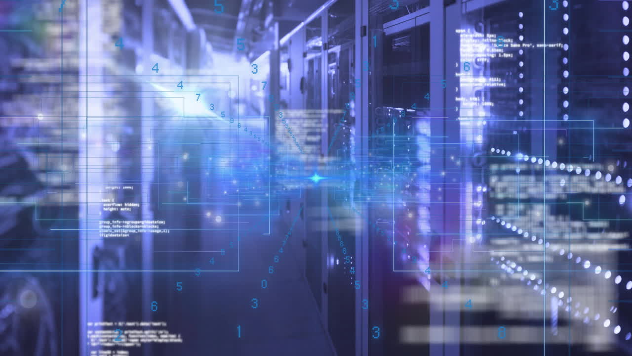 Animation of digital data and numbers overlaying modern server room environment