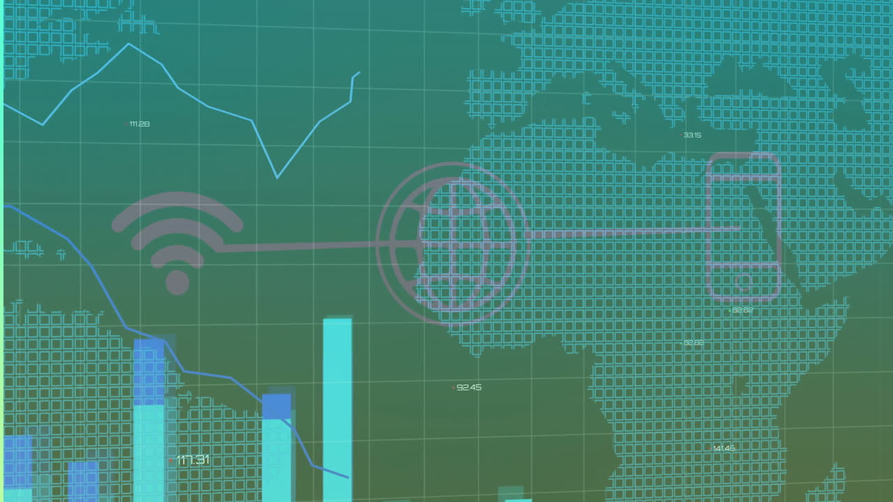 Digital UI displaying world map grid with arcing line chart, bar charts, target, Wi?Fi symbol