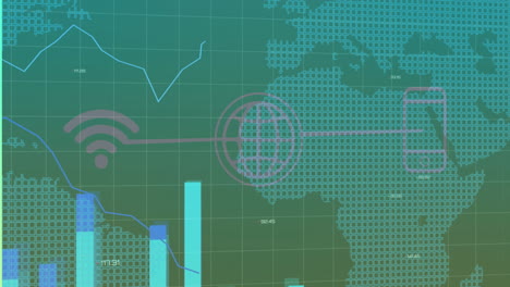 Digital UI displaying world map grid with arcing line chart, bar charts, target, Wi?Fi symbol
