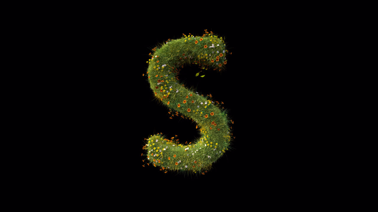 Lettera S che si forma da erba e fiori su sfondo nero