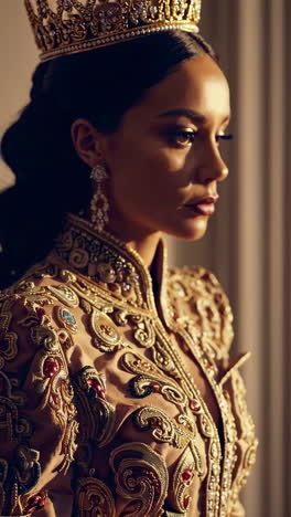 portrait of a regal woman in a golden crown and embroidered gown