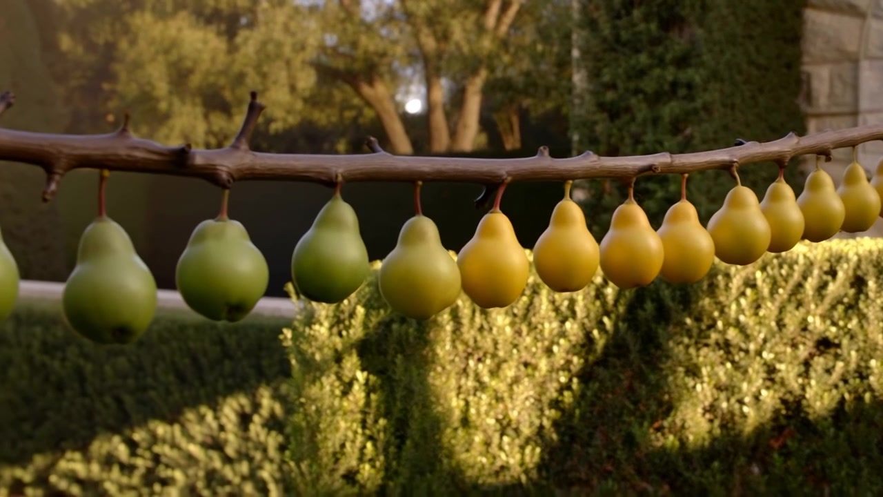 Scena all'aperto che mostra pere dalla forma uniforme sospese lungo un ramo di legno curvo, che attraversano siepi curate sotto una luce solare soffusa con la trama di un giardino ornamentale.