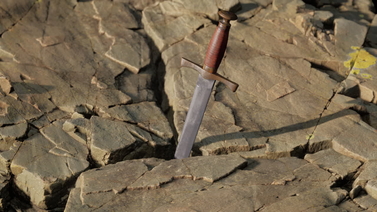 la espada excalibur en la piedra rocosa al atardecer