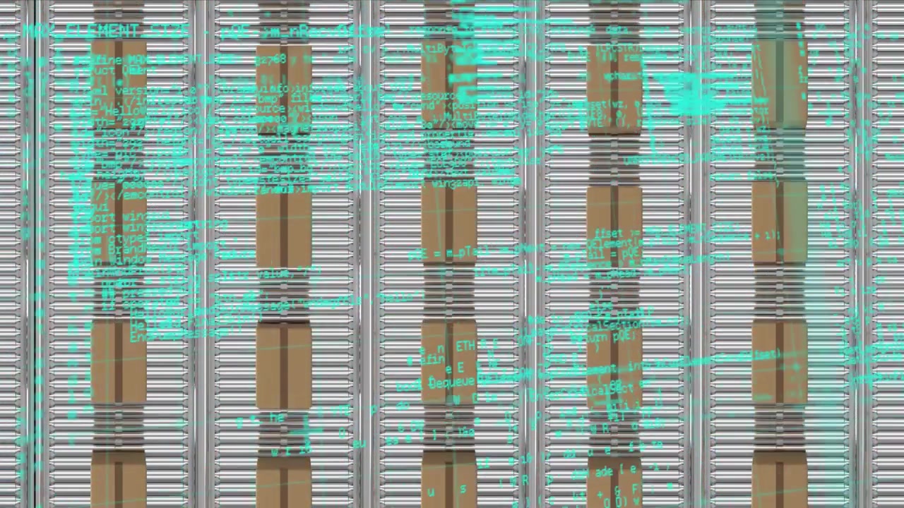 Animation of data processing over grid network against delivery boxes on conveyer belt