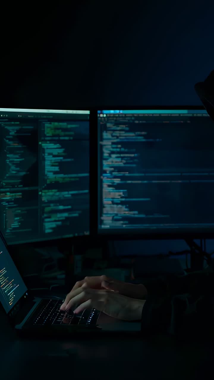 Vertical video: Typing dev hands landing on backlit keys at home office, debugging on dual monitors