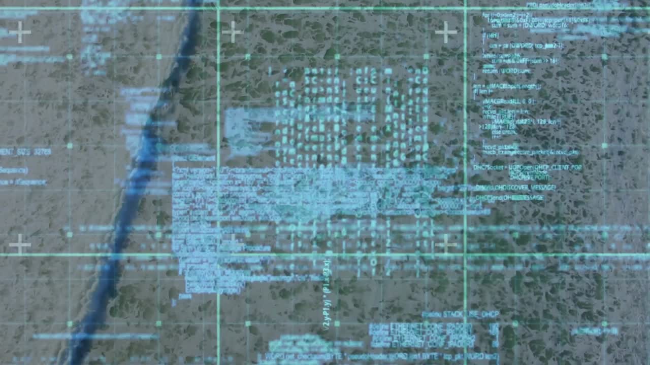 Geospatial scan initiating aqua grid on coast map, streaming code clusters shifting east for survey