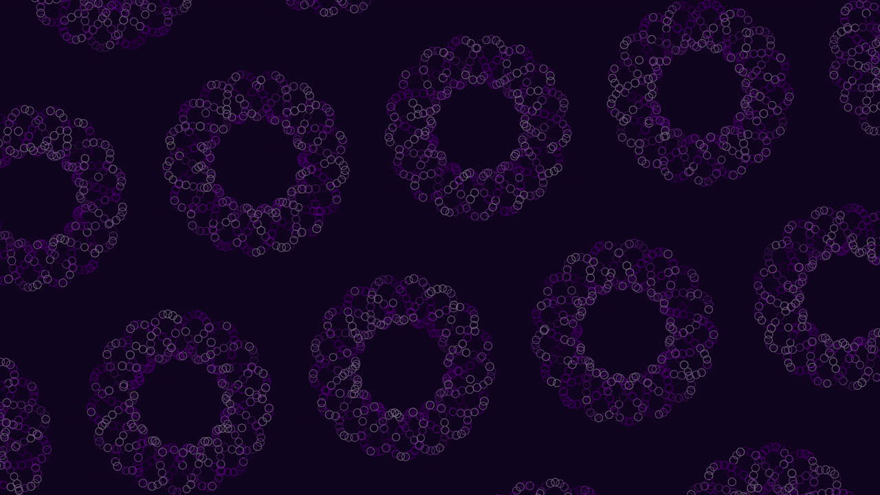 A symmetrical seamless pattern featuring purple circles on a black backdrop, the design is circular, with circles overlapping and spaced out, creating a repetitive and harmonious pattern