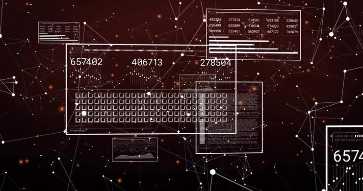 Noder pulserer, trådrammer danner et tastatur mens paneler oppdateres og visualiserer sanntidsdata.