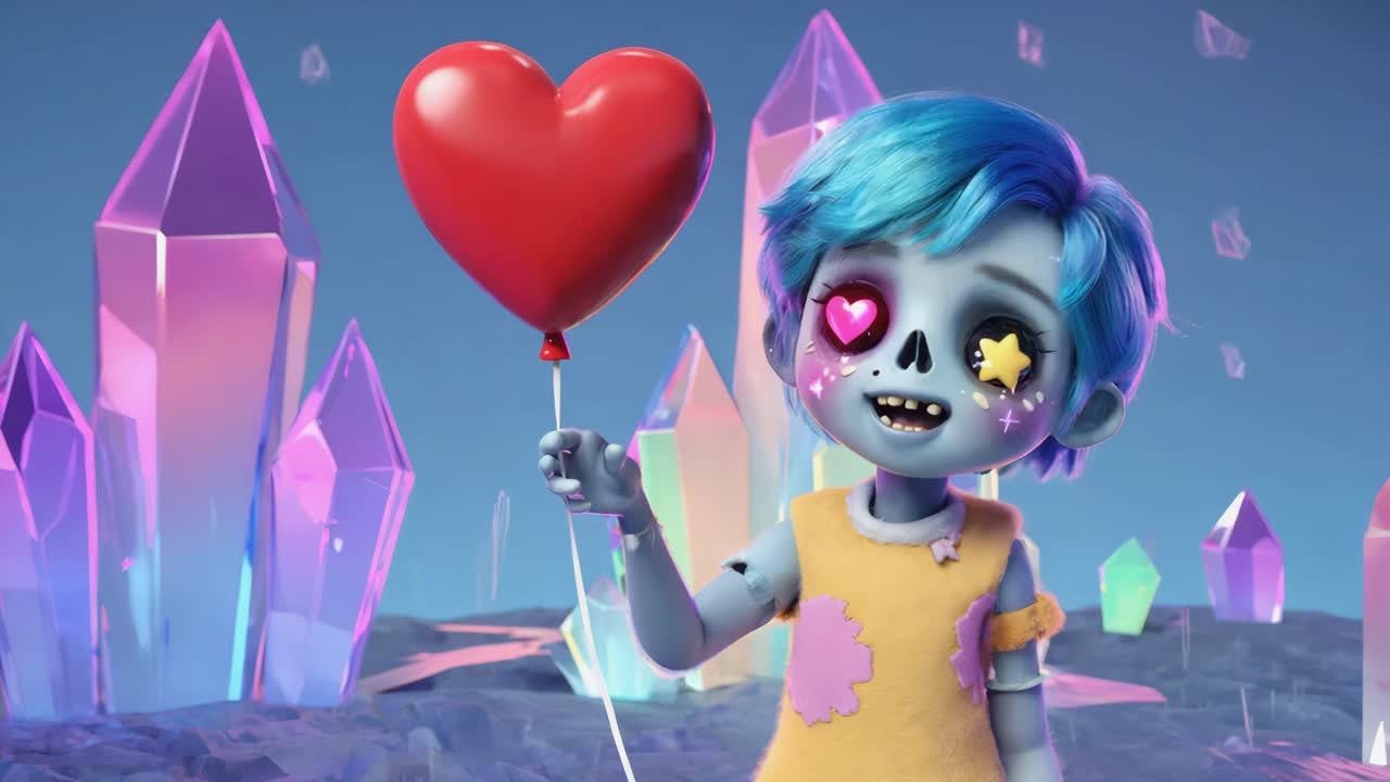 Cute Zombie Character Holding a Heart Balloon in a Crystal Landscape