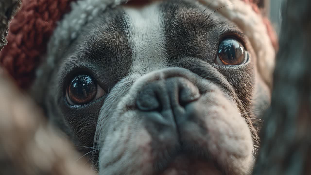 Captivating Close-Up of a French Bulldog with Expressive Eyes Wearing a Cozy Hat Surrounded by Nature, Showcasing the Playful Yet Gentle Nature of This Adorable Pet