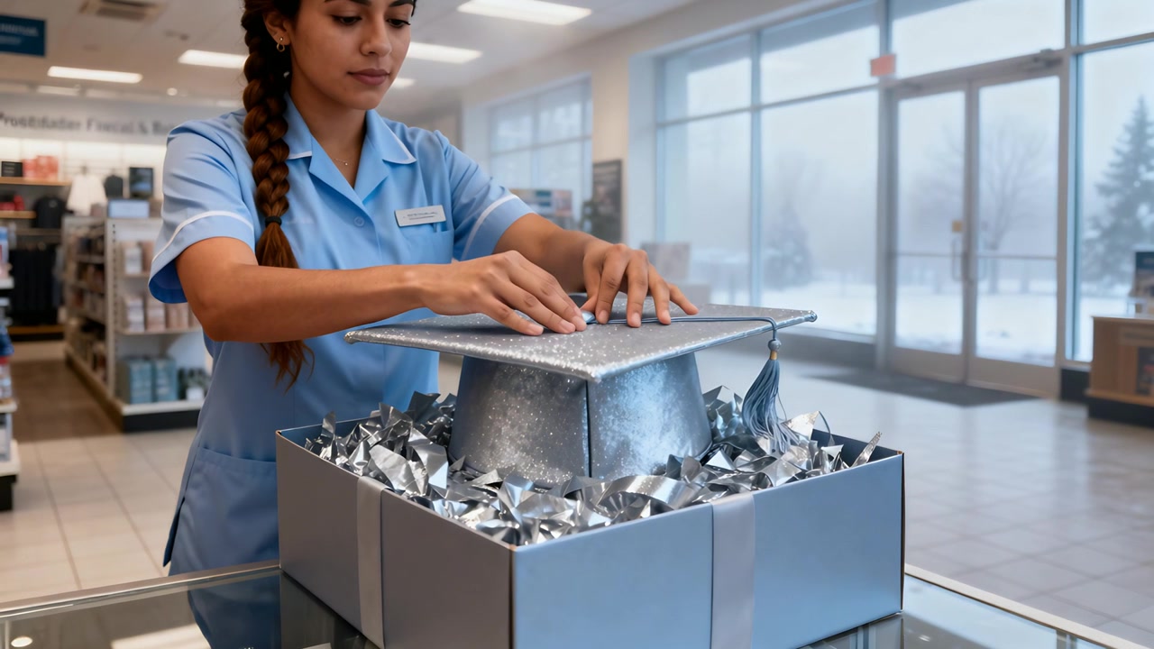 Lifting silver cap from box filler, uniformed clerk centering tassel at store entrance for display