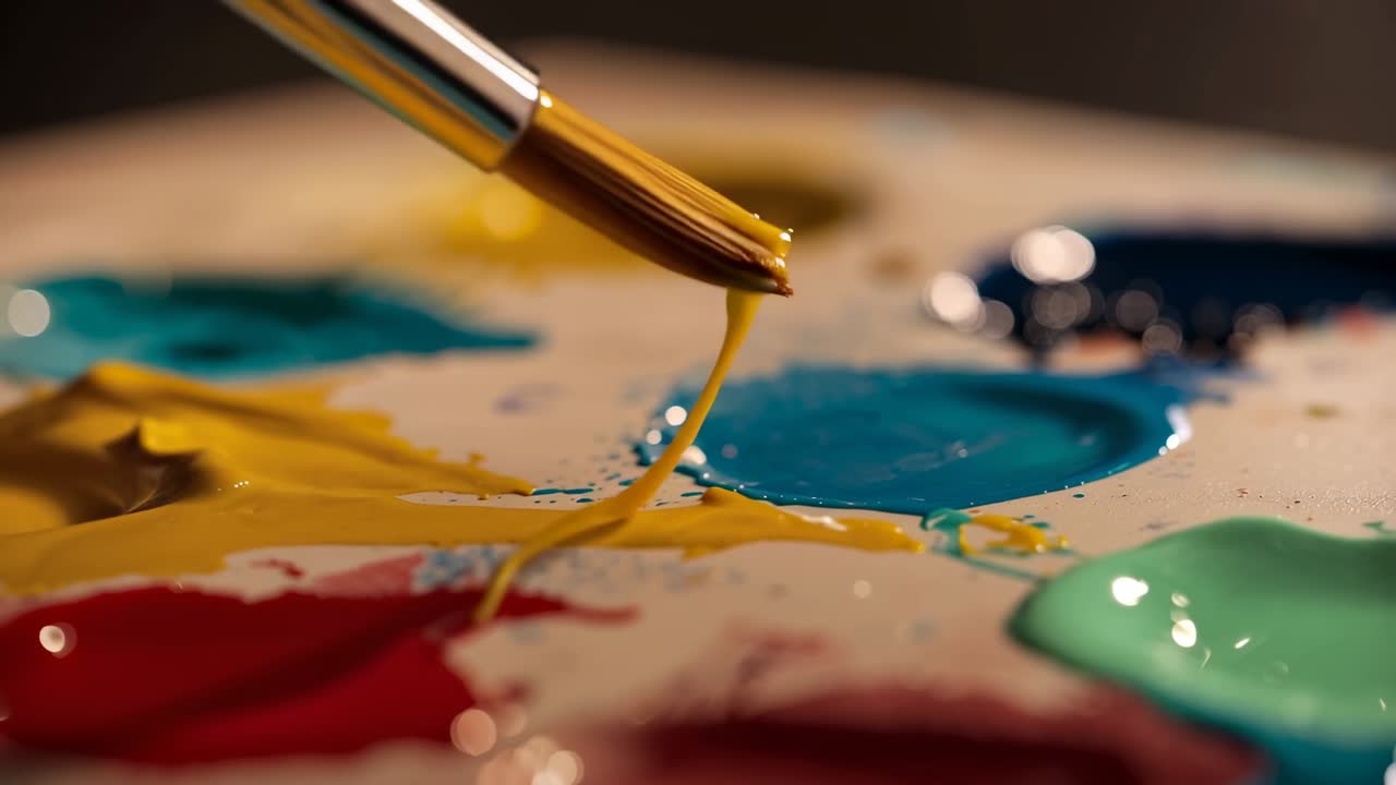 Pennello che preme nel pozzetto giallo, caricando le setole, trascinando verso il blu e mescolando i colori per l'arte.