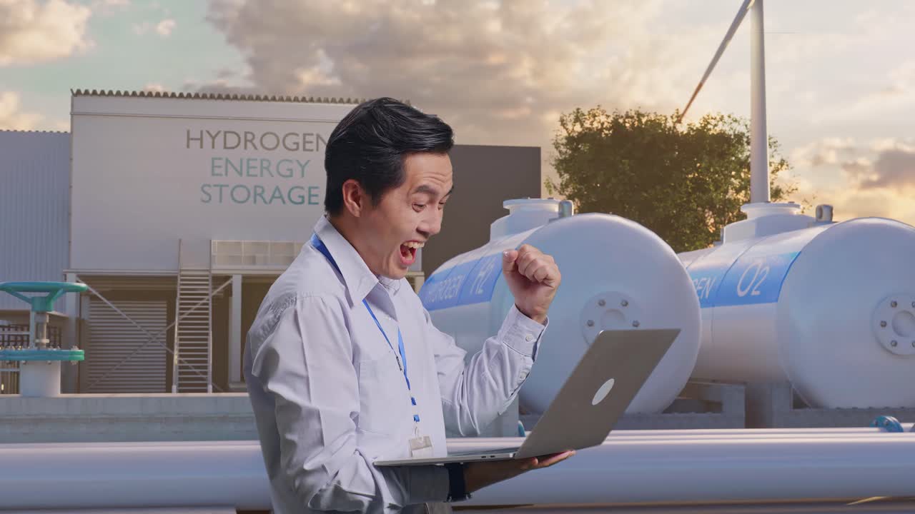 흥분한 엔지니어가 성공적인 수소 에너지 저장 프로젝트를 축하하고 있습니다.