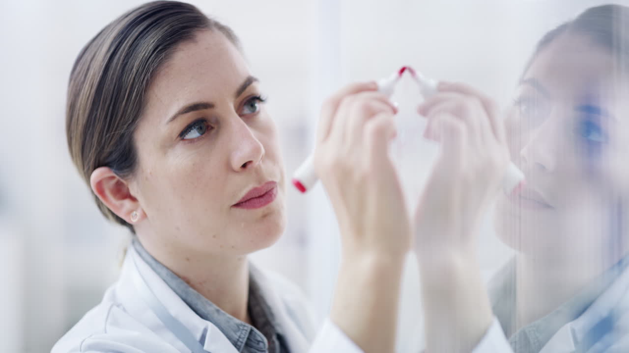 여성 과학자가 회의에서 브레인스토밍을 하고 있습니다.