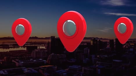 animación de iconos de ubicación con la ciudad en el fondo