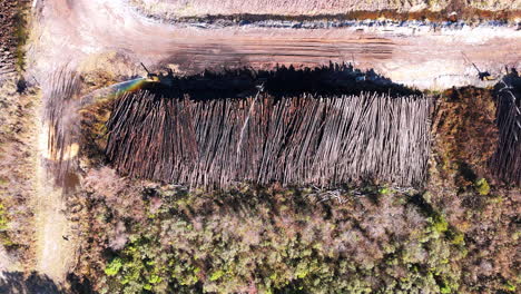 top down aerial footage of a water sprinkler over a large pile of logs at a paper making plant