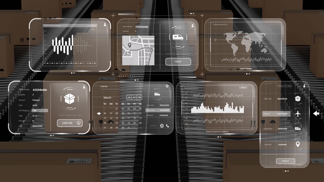 Animation of data on screens over cardboard boxes on conveyor belts