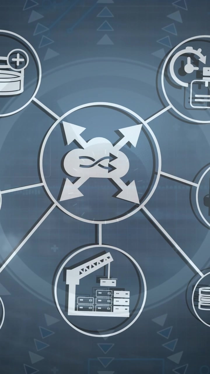Digital animation of network of multiple digital icons against round scanner on blue background