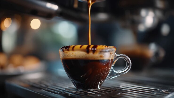 Il vapore sale mentre l'espresso scende in una tazza di vetro. Il liquido ricco e scuro si mescola con una crema dorata. Il calore si irradia dalla bevanda appena preparata. Un momento di sorso catturato in un dettaglio tranquillo e accogliente.