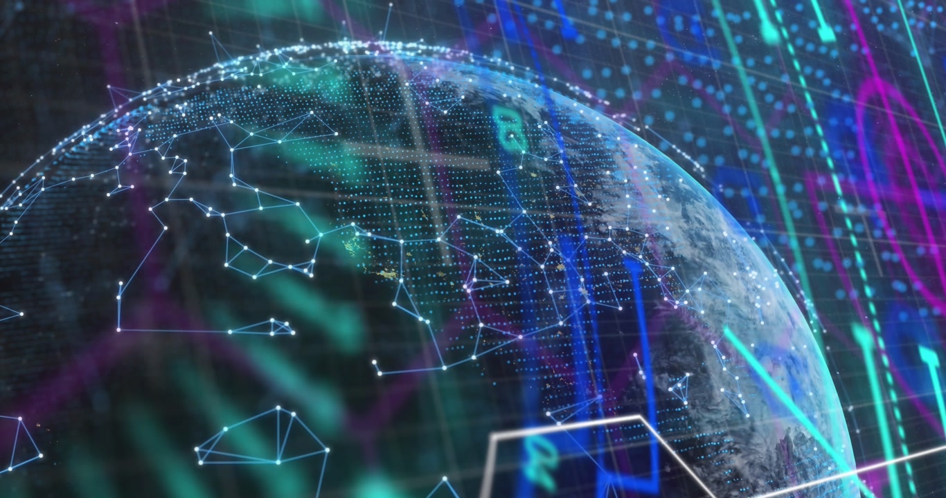 Animation of data processing over connections and globe in navy digital space