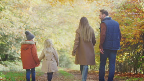 rear view of family with parents and children holding hands walking on path in autumn countryside