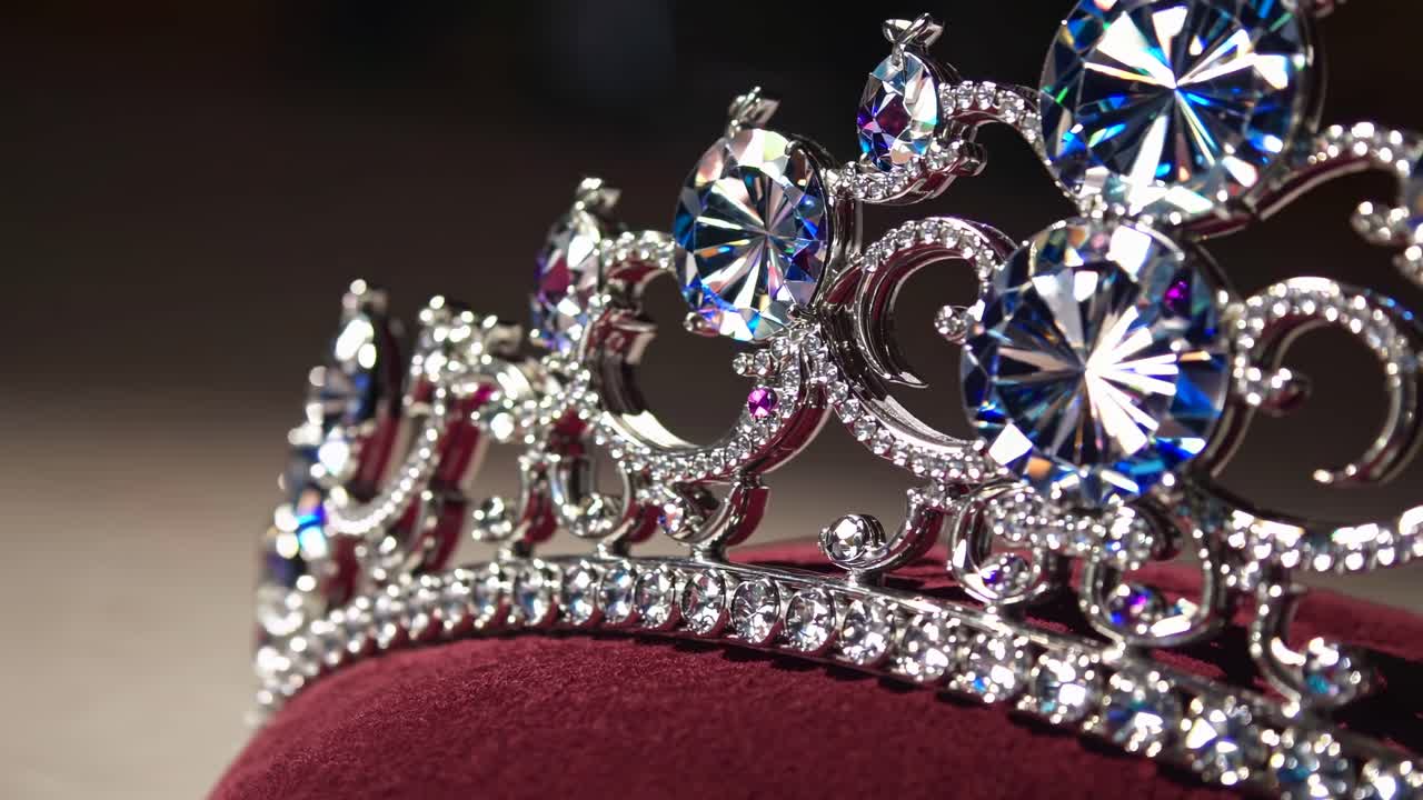Close-up video of a sparkling tiara on a red cushion, shot from a low angle, highlighting intricate