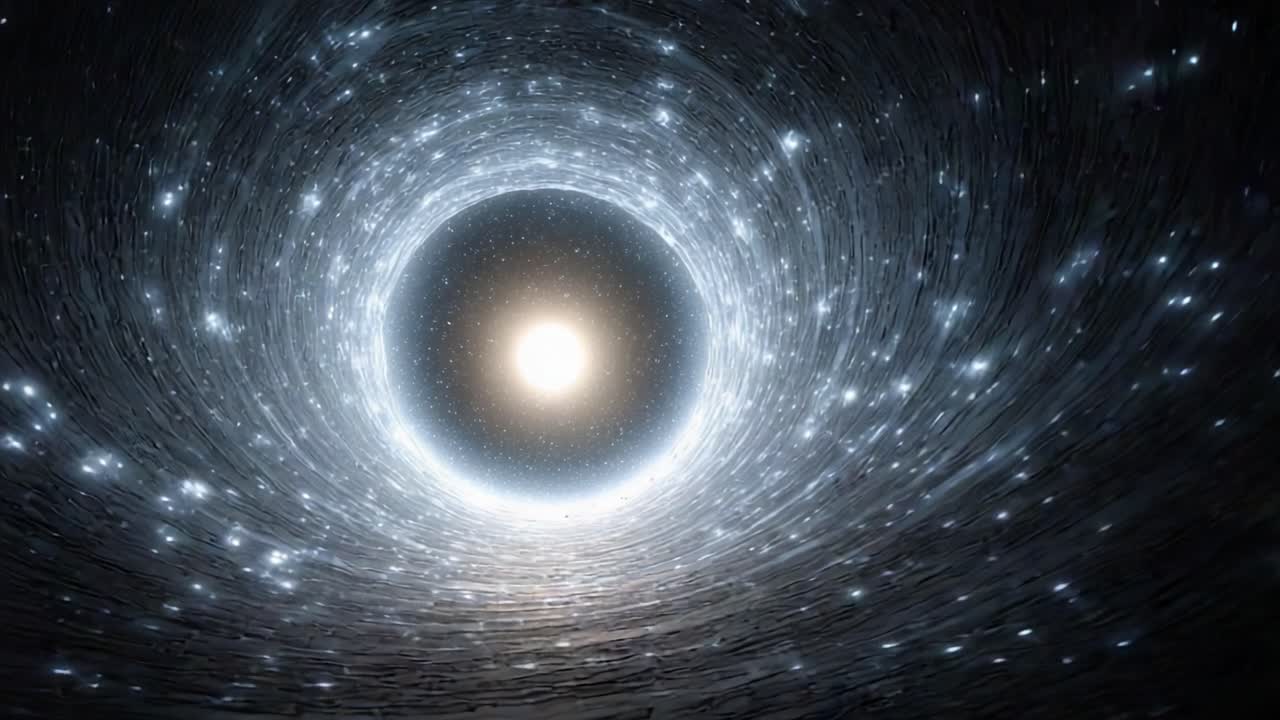 A Deep Cosmic Vortex: Journey Through a Spiraling Tunnel of Stars and Light Towards the Heart of a Bright, Radiant Sun in an Infinite Universe