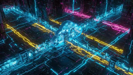 a stunning futuristic digital landscape showcasing cloud computing and network infrastructure in vibrant neon colors representing advanced technology connections