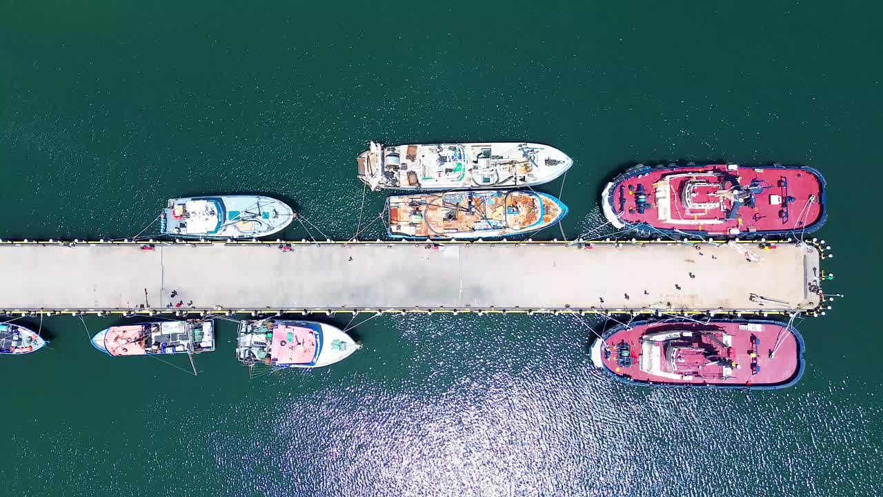 Drone aerial bird's-eye view of fishing trawlers people walking on wharf dock sea shipping industry waterfront Eden Sapphire Coast Australia