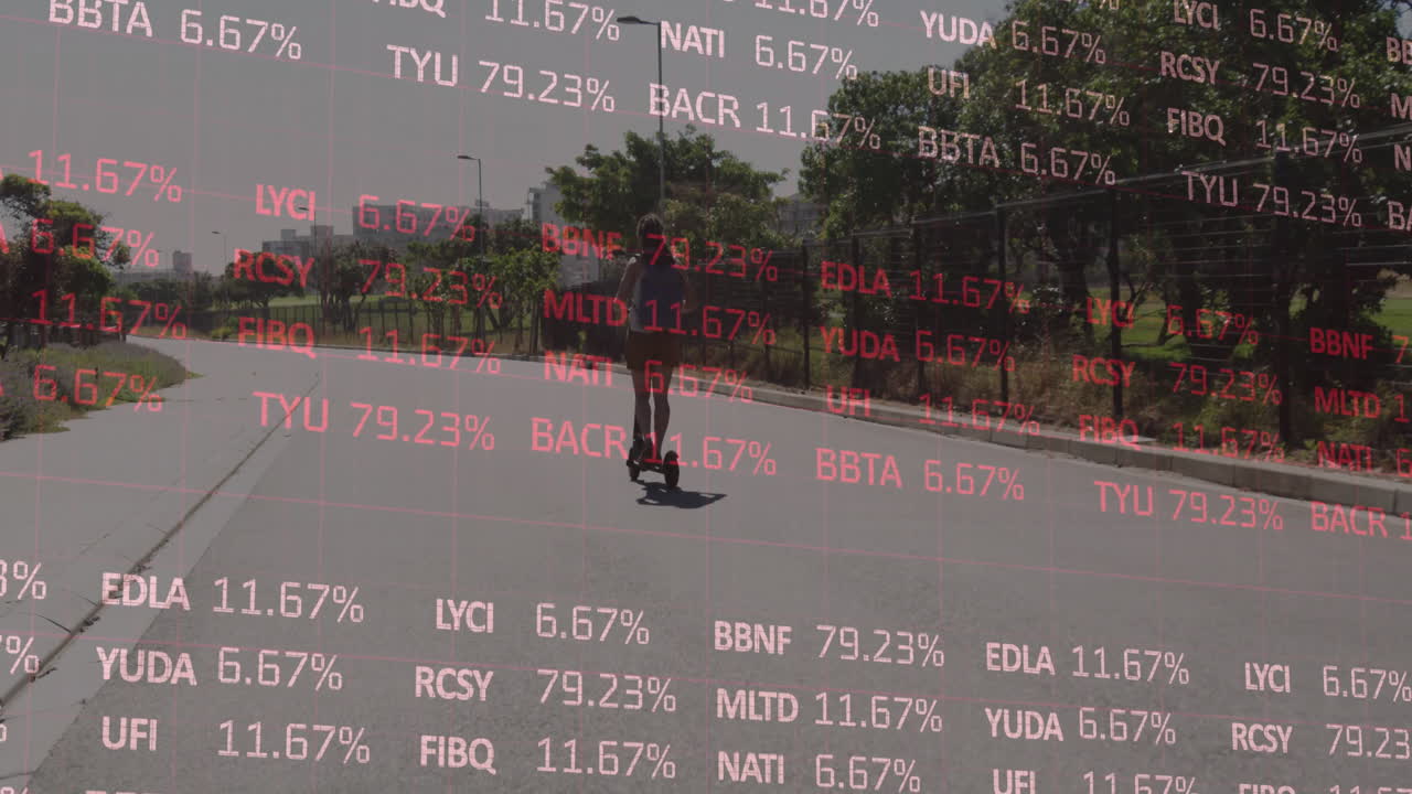 woman riding electric scooter in urban park roadway, displaying technology data overlay