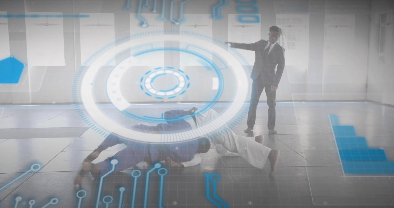 Martial artists gripping and executing takedown in training showcasing control with HUD overlay