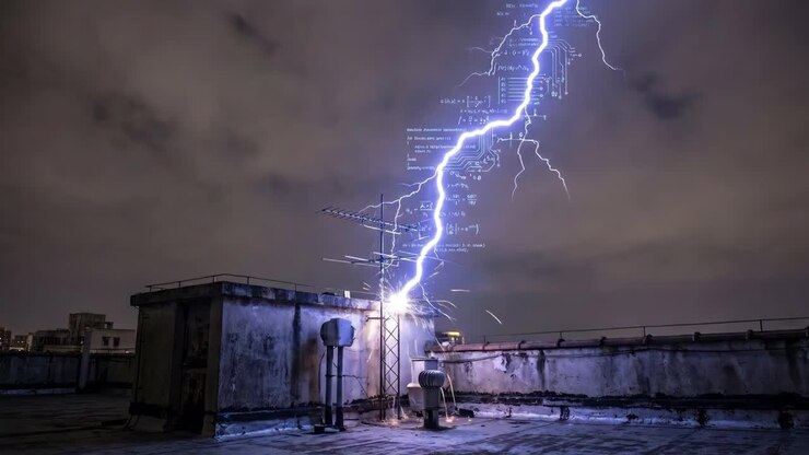 Fulmine che colpisce un tetto con sovrapposizioni tecnologiche