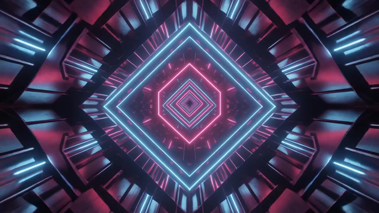 Futuristic Neon Tunnel with Glowing Geometric Shapes