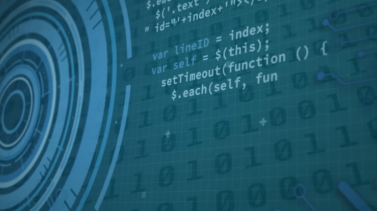 Animazione di elaborazione dati su schermi digitali con codice binario