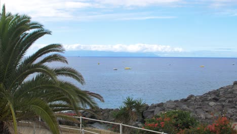 Sunny-summer-day-on-the-beach-with-palm-tree-of-Playa-De-Las-Americas-,-calm-Atlantic-ocean,-and-La-Gomera-island-in-background,-wide-shot